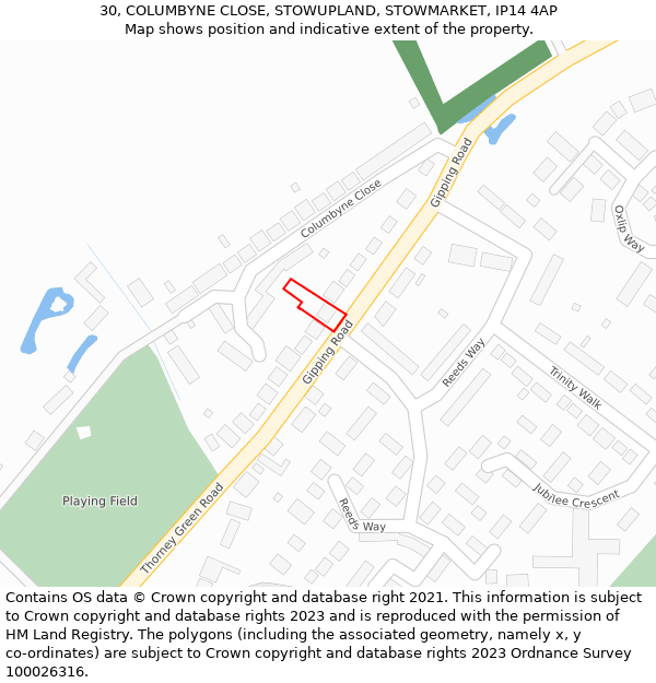 30, COLUMBYNE CLOSE, STOWUPLAND, STOWMARKET, IP14 4AP: Location map and indicative extent of plot