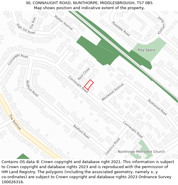 30, CONNAUGHT ROAD, NUNTHORPE, MIDDLESBROUGH, TS7 0BS: Location map and indicative extent of plot