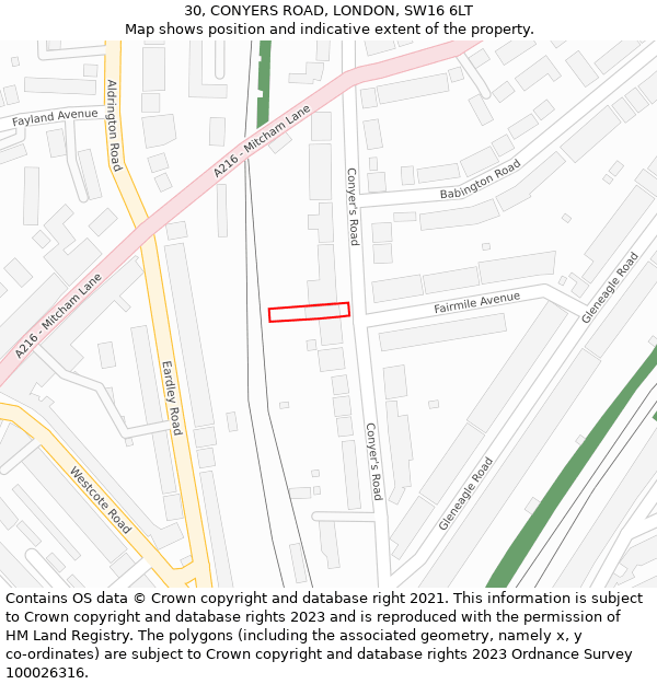 30, CONYERS ROAD, LONDON, SW16 6LT: Location map and indicative extent of plot