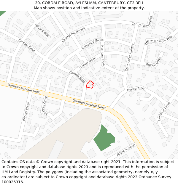 30, CORDALE ROAD, AYLESHAM, CANTERBURY, CT3 3EH: Location map and indicative extent of plot