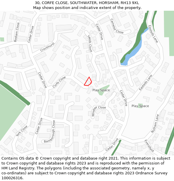 30, CORFE CLOSE, SOUTHWATER, HORSHAM, RH13 9XL: Location map and indicative extent of plot