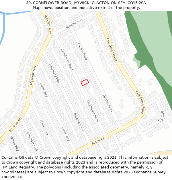 30, CORNFLOWER ROAD, JAYWICK, CLACTON-ON-SEA, CO15 2SA: Location map and indicative extent of plot