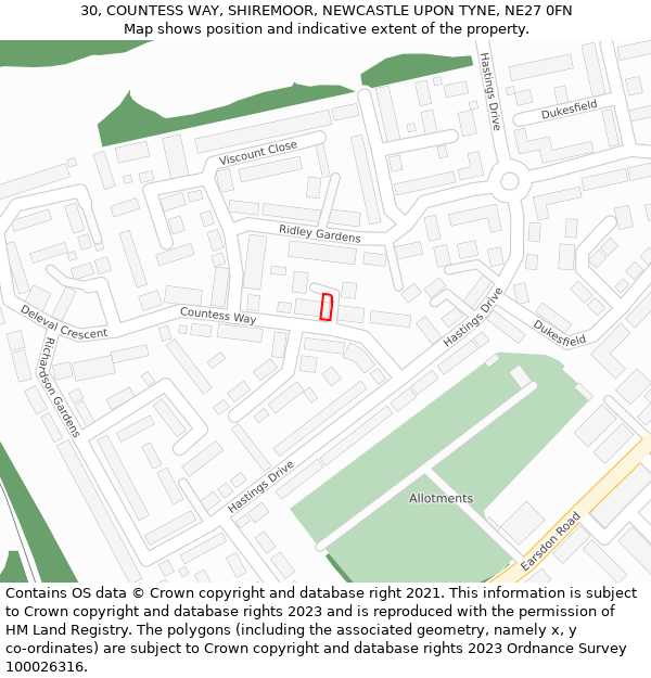 30, COUNTESS WAY, SHIREMOOR, NEWCASTLE UPON TYNE, NE27 0FN: Location map and indicative extent of plot