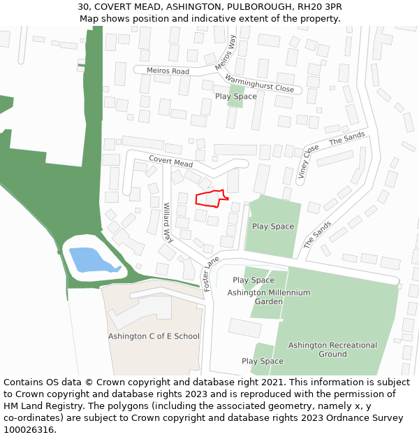 30, COVERT MEAD, ASHINGTON, PULBOROUGH, RH20 3PR: Location map and indicative extent of plot