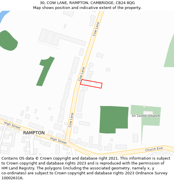30, COW LANE, RAMPTON, CAMBRIDGE, CB24 8QG: Location map and indicative extent of plot