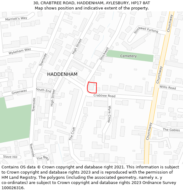 30, CRABTREE ROAD, HADDENHAM, AYLESBURY, HP17 8AT: Location map and indicative extent of plot