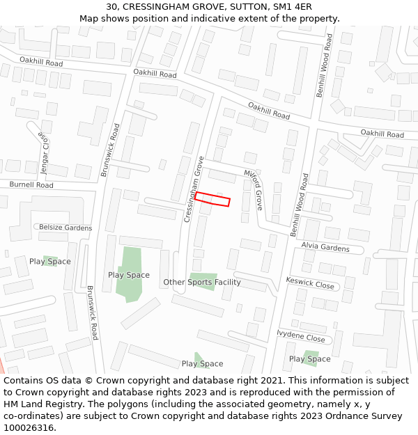 30, CRESSINGHAM GROVE, SUTTON, SM1 4ER: Location map and indicative extent of plot