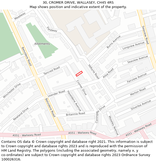 30, CROMER DRIVE, WALLASEY, CH45 4RS: Location map and indicative extent of plot