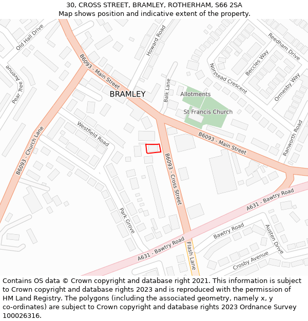 30, CROSS STREET, BRAMLEY, ROTHERHAM, S66 2SA: Location map and indicative extent of plot