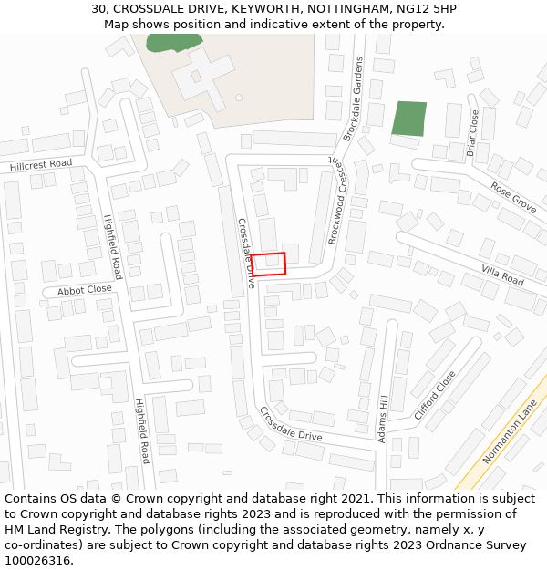 30, CROSSDALE DRIVE, KEYWORTH, NOTTINGHAM, NG12 5HP: Location map and indicative extent of plot