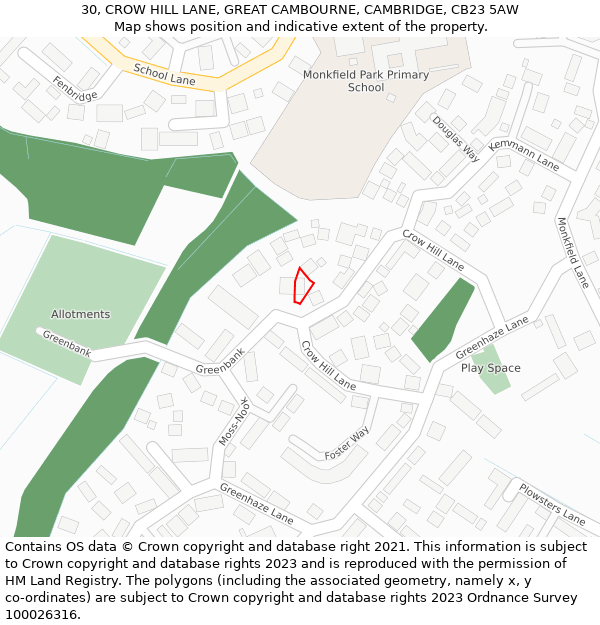 30, CROW HILL LANE, GREAT CAMBOURNE, CAMBRIDGE, CB23 5AW: Location map and indicative extent of plot