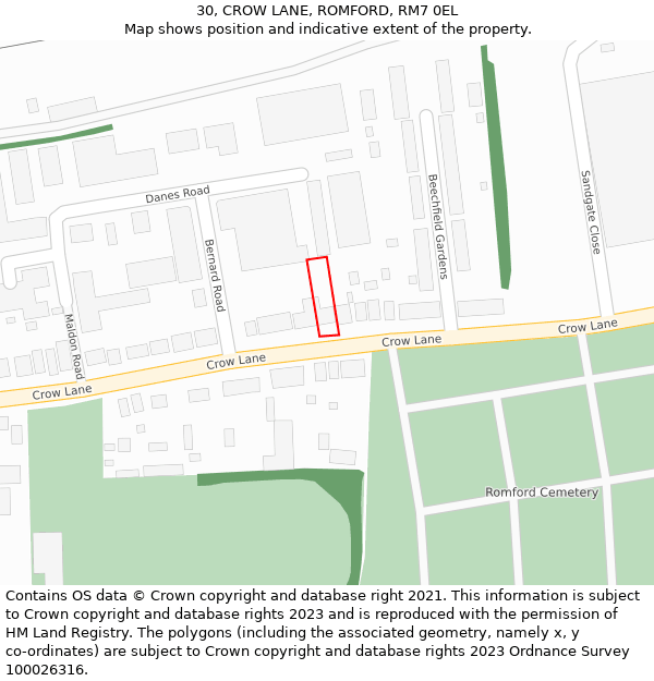 30, CROW LANE, ROMFORD, RM7 0EL: Location map and indicative extent of plot