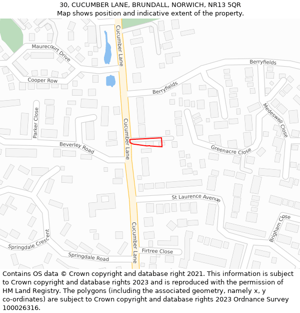 30, CUCUMBER LANE, BRUNDALL, NORWICH, NR13 5QR: Location map and indicative extent of plot