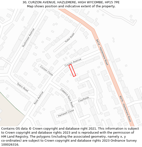 30, CURZON AVENUE, HAZLEMERE, HIGH WYCOMBE, HP15 7PE: Location map and indicative extent of plot