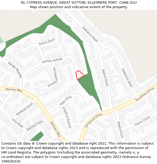 30, CYPRESS AVENUE, GREAT SUTTON, ELLESMERE PORT, CH66 2UU: Location map and indicative extent of plot