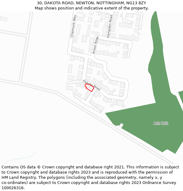 30, DAKOTA ROAD, NEWTON, NOTTINGHAM, NG13 8ZY: Location map and indicative extent of plot