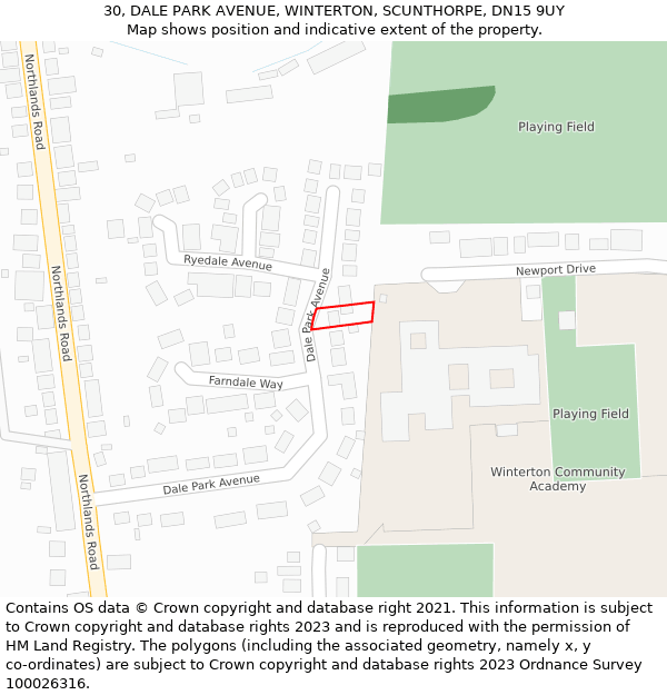 30, DALE PARK AVENUE, WINTERTON, SCUNTHORPE, DN15 9UY: Location map and indicative extent of plot