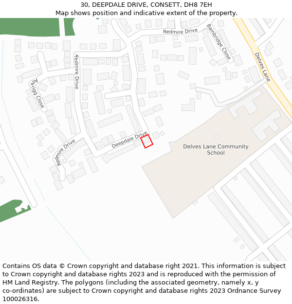 30, DEEPDALE DRIVE, CONSETT, DH8 7EH: Location map and indicative extent of plot