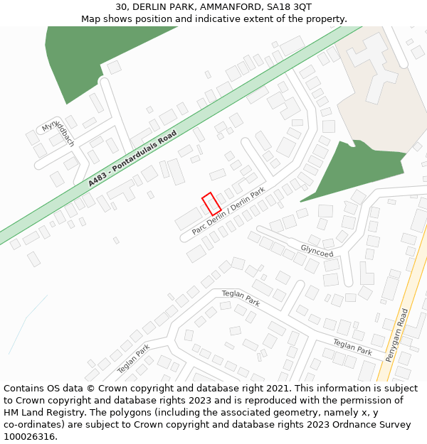 30, DERLIN PARK, AMMANFORD, SA18 3QT: Location map and indicative extent of plot