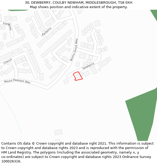 30, DEWBERRY, COULBY NEWHAM, MIDDLESBROUGH, TS8 0XH: Location map and indicative extent of plot