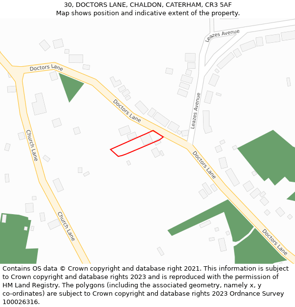 30, DOCTORS LANE, CHALDON, CATERHAM, CR3 5AF: Location map and indicative extent of plot