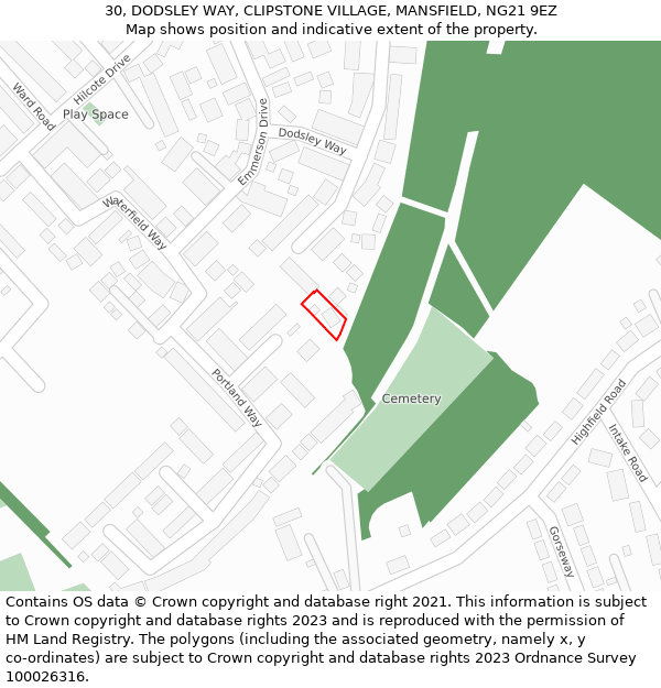 30, DODSLEY WAY, CLIPSTONE VILLAGE, MANSFIELD, NG21 9EZ: Location map and indicative extent of plot