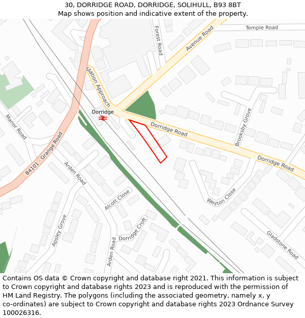 30, DORRIDGE ROAD, DORRIDGE, SOLIHULL, B93 8BT: Location map and indicative extent of plot