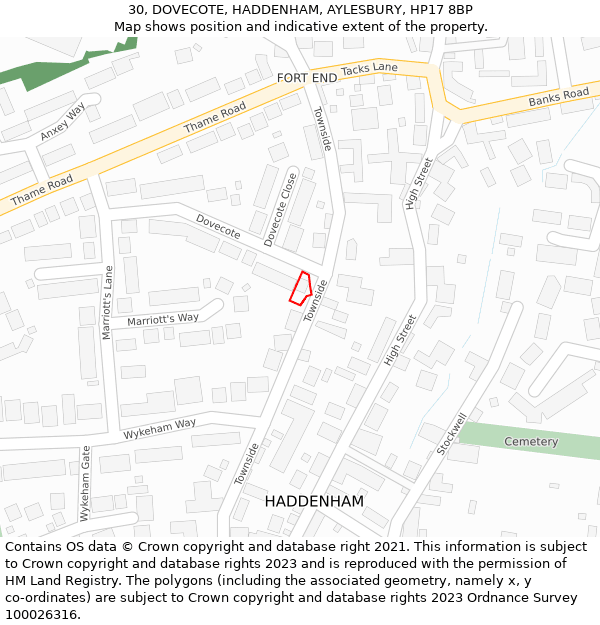 30, DOVECOTE, HADDENHAM, AYLESBURY, HP17 8BP: Location map and indicative extent of plot