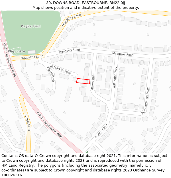 30, DOWNS ROAD, EASTBOURNE, BN22 0JJ: Location map and indicative extent of plot