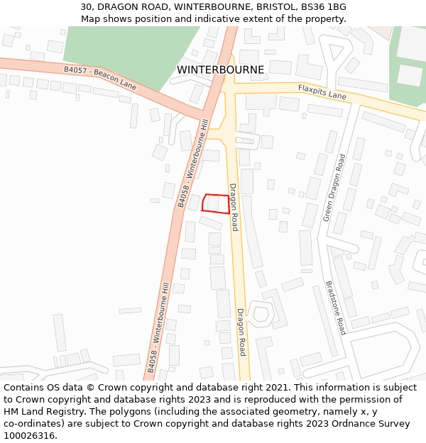 30, DRAGON ROAD, WINTERBOURNE, BRISTOL, BS36 1BG: Location map and indicative extent of plot