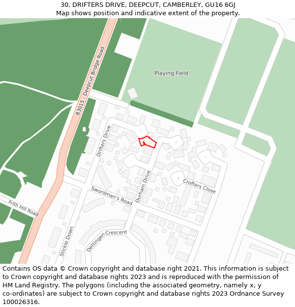 30, DRIFTERS DRIVE, DEEPCUT, CAMBERLEY, GU16 6GJ: Location map and indicative extent of plot