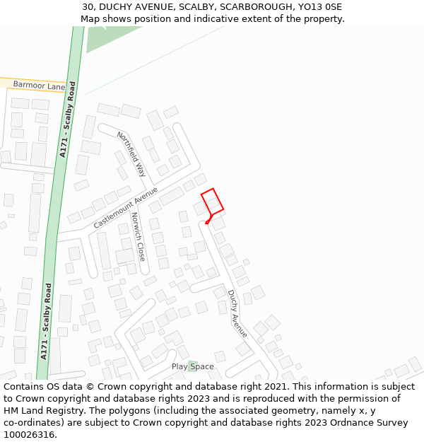 30, DUCHY AVENUE, SCALBY, SCARBOROUGH, YO13 0SE: Location map and indicative extent of plot
