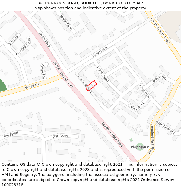 30, DUNNOCK ROAD, BODICOTE, BANBURY, OX15 4FX: Location map and indicative extent of plot