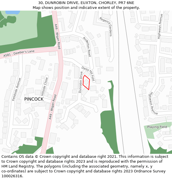 30, DUNROBIN DRIVE, EUXTON, CHORLEY, PR7 6NE: Location map and indicative extent of plot