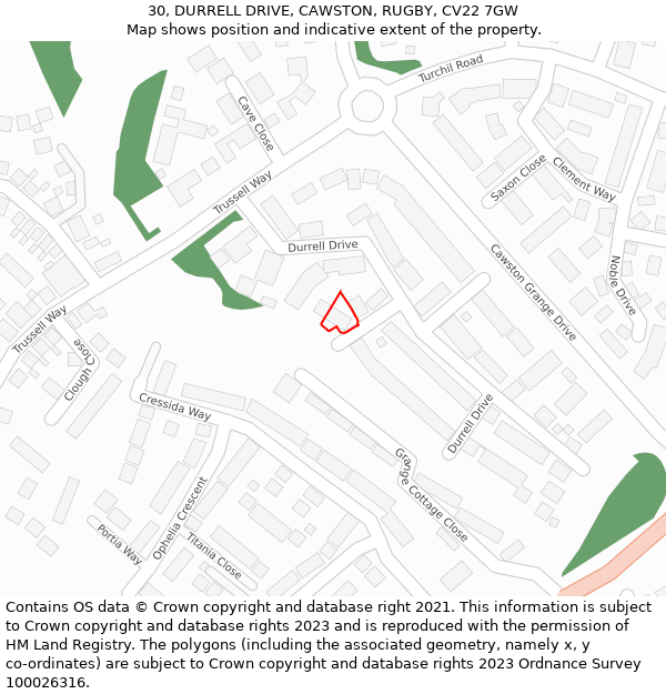 30, DURRELL DRIVE, CAWSTON, RUGBY, CV22 7GW: Location map and indicative extent of plot