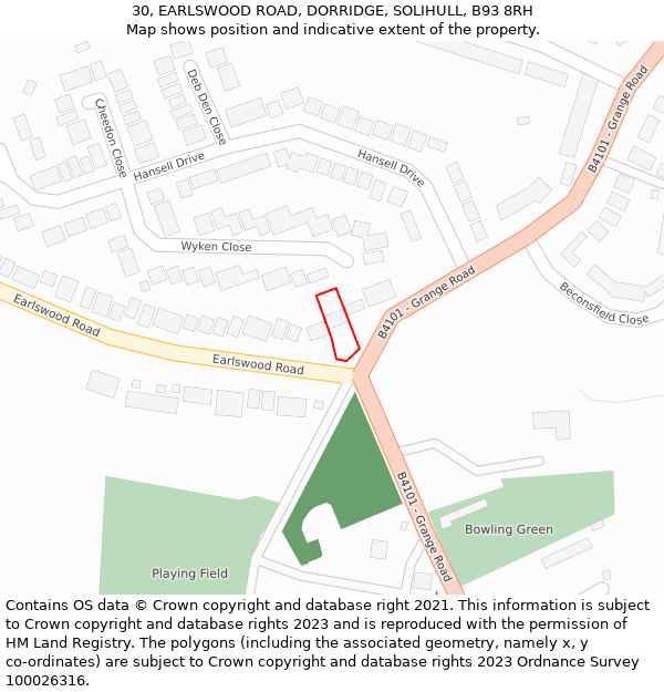 30, EARLSWOOD ROAD, DORRIDGE, SOLIHULL, B93 8RH: Location map and indicative extent of plot