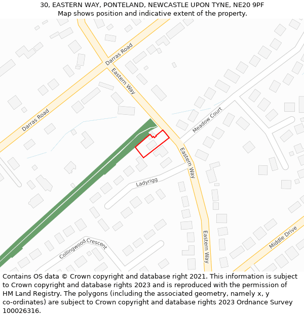 30, EASTERN WAY, PONTELAND, NEWCASTLE UPON TYNE, NE20 9PF: Location map and indicative extent of plot