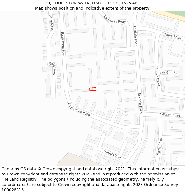 30, EDDLESTON WALK, HARTLEPOOL, TS25 4BH: Location map and indicative extent of plot