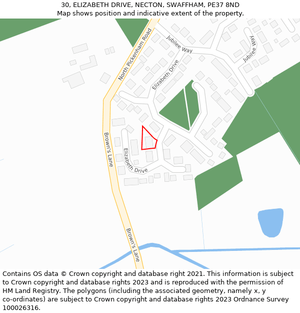 30, ELIZABETH DRIVE, NECTON, SWAFFHAM, PE37 8ND: Location map and indicative extent of plot