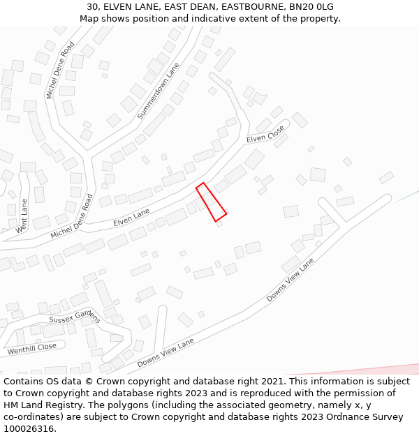 30, ELVEN LANE, EAST DEAN, EASTBOURNE, BN20 0LG: Location map and indicative extent of plot