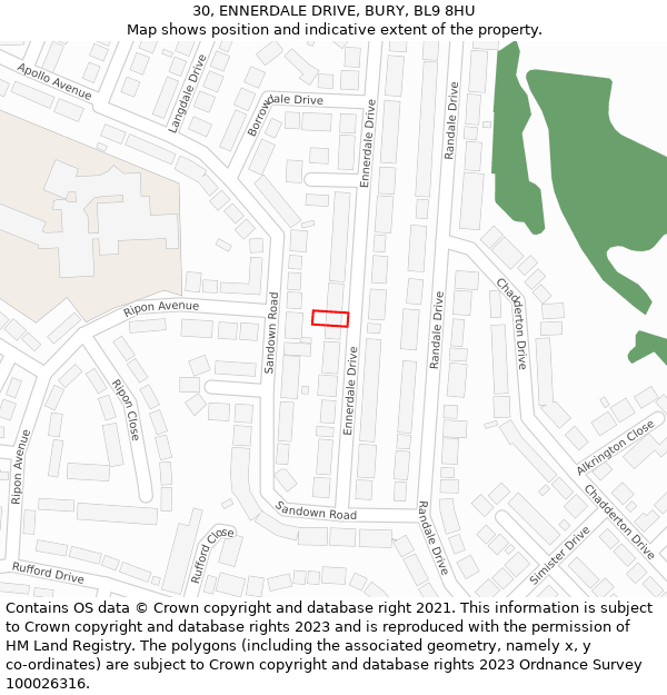 30, ENNERDALE DRIVE, BURY, BL9 8HU: Location map and indicative extent of plot
