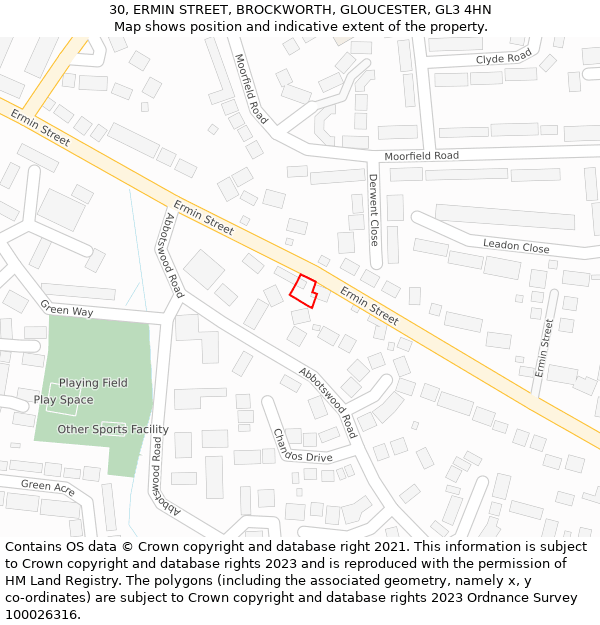 30, ERMIN STREET, BROCKWORTH, GLOUCESTER, GL3 4HN: Location map and indicative extent of plot