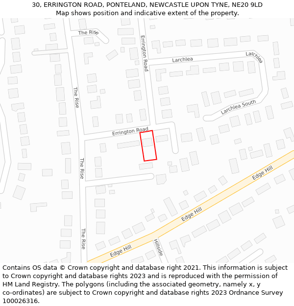 30, ERRINGTON ROAD, PONTELAND, NEWCASTLE UPON TYNE, NE20 9LD: Location map and indicative extent of plot