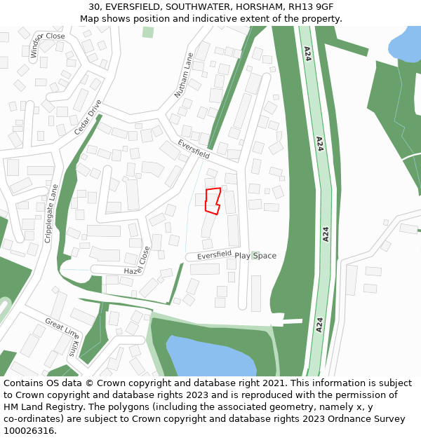 30, EVERSFIELD, SOUTHWATER, HORSHAM, RH13 9GF: Location map and indicative extent of plot