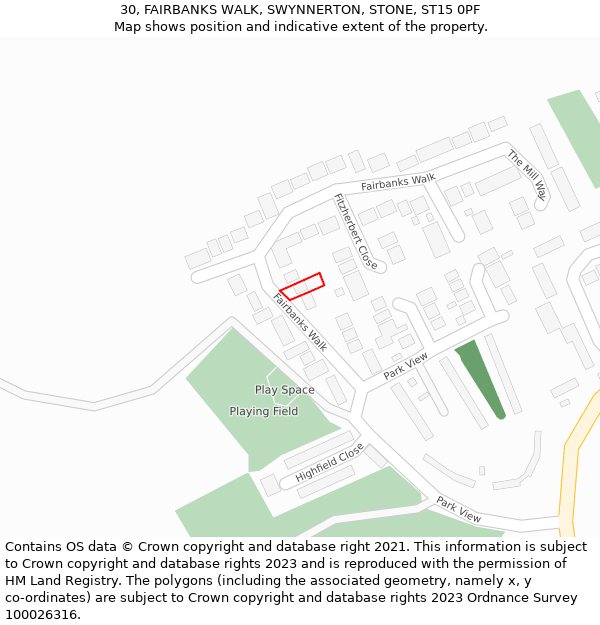 30, FAIRBANKS WALK, SWYNNERTON, STONE, ST15 0PF: Location map and indicative extent of plot