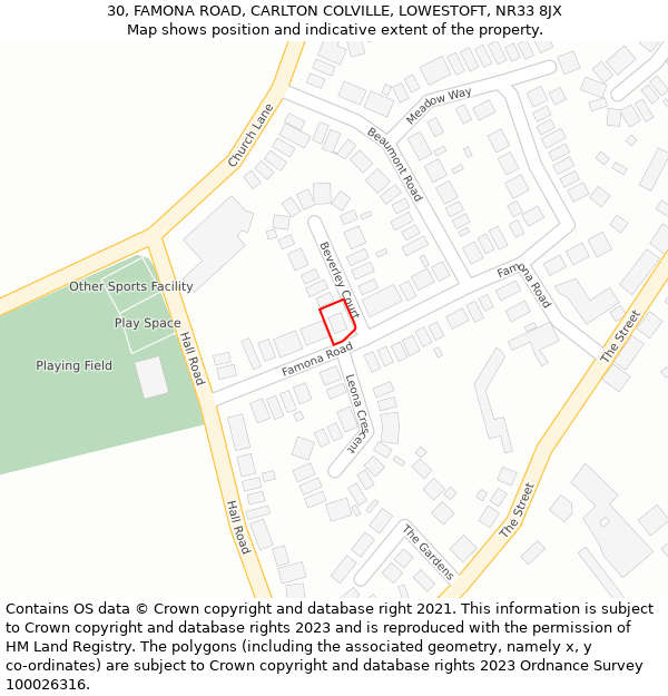 30, FAMONA ROAD, CARLTON COLVILLE, LOWESTOFT, NR33 8JX: Location map and indicative extent of plot