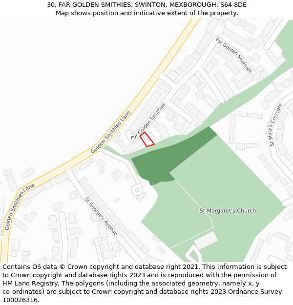 30, FAR GOLDEN SMITHIES, SWINTON, MEXBOROUGH, S64 8DE: Location map and indicative extent of plot