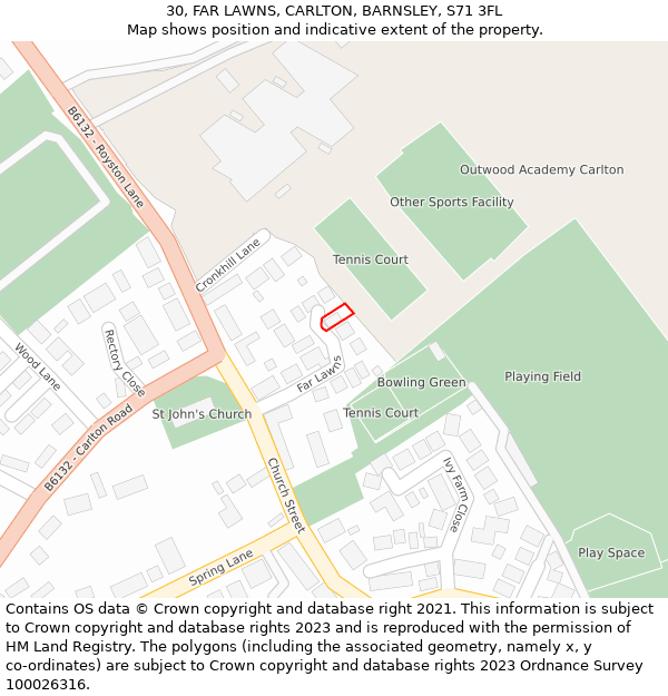 30, FAR LAWNS, CARLTON, BARNSLEY, S71 3FL: Location map and indicative extent of plot