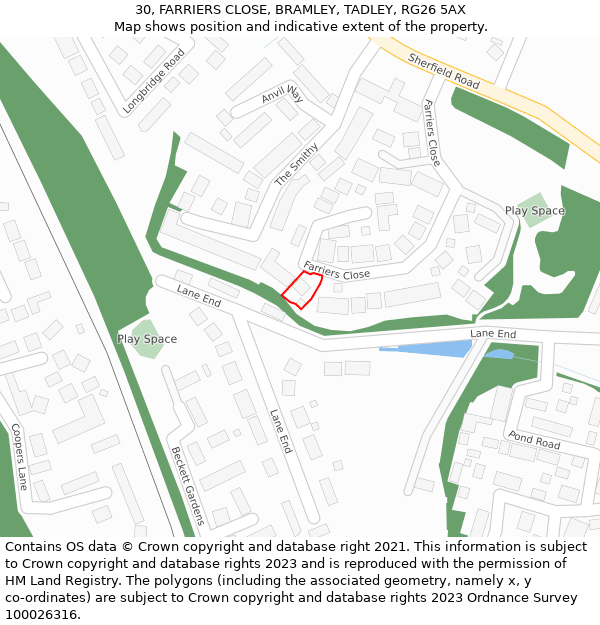 30, FARRIERS CLOSE, BRAMLEY, TADLEY, RG26 5AX: Location map and indicative extent of plot