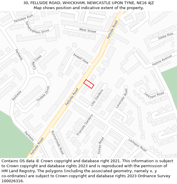 30, FELLSIDE ROAD, WHICKHAM, NEWCASTLE UPON TYNE, NE16 4JZ: Location map and indicative extent of plot